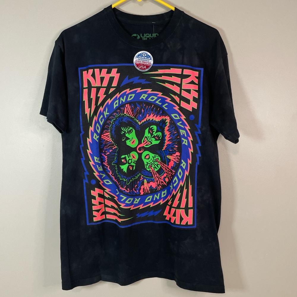 LIQUID BLUE KISS Glows in Black Light Tie Dye Med‎ T Shirt Concert Festival Neon